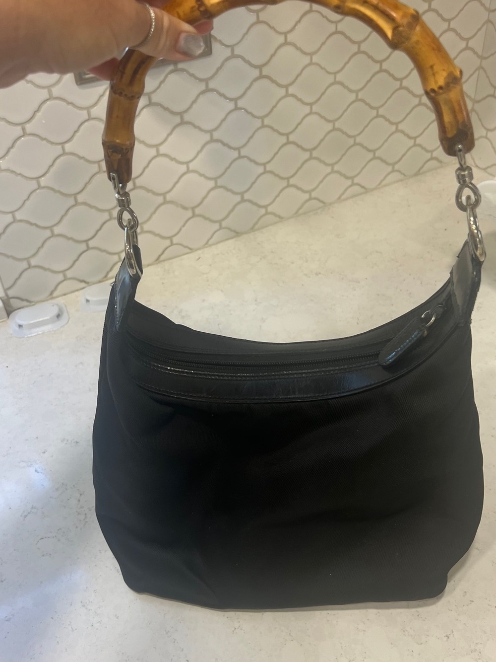 Vintage Gucci black nylon bamboo handle hobo bag with black leather trim